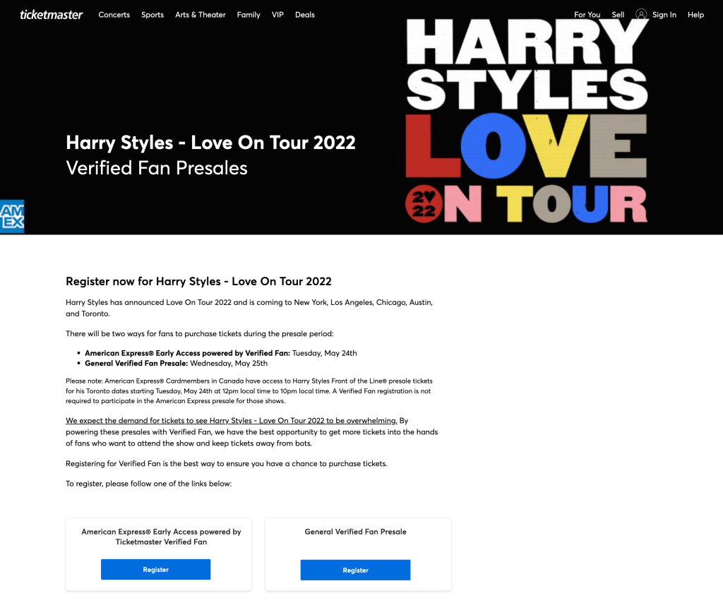 Registration information for Harry Styles 2022 Love on Tour Ticketmaster Fan Sale.